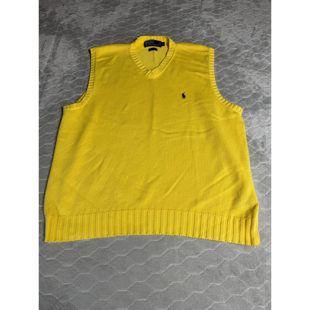 Polo Ralph Lauren Mens V-Neck Sweater Vest Yellow Cotton Vintage Large Golf